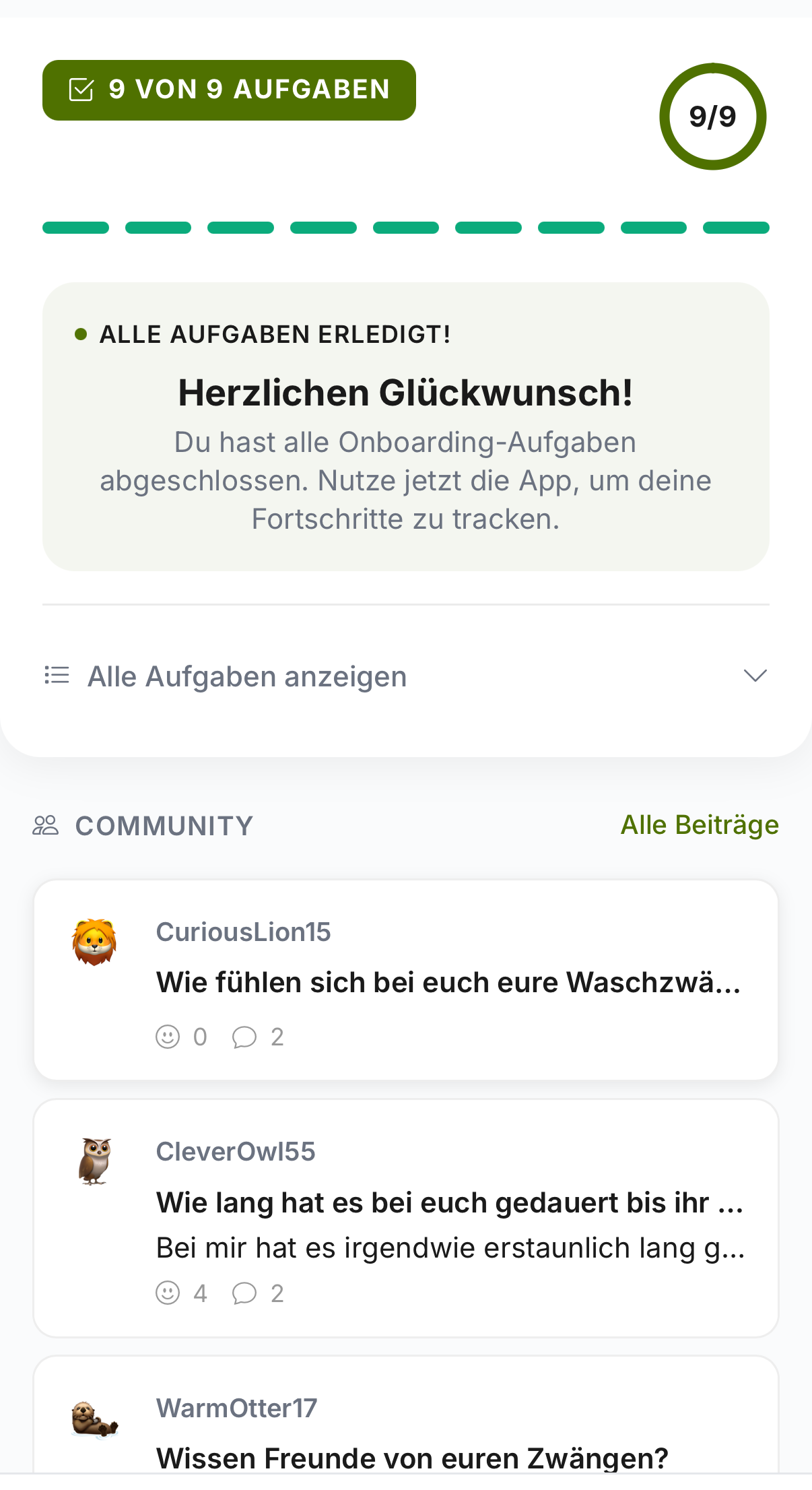 App: Dashboard mit Fortschritt und Community